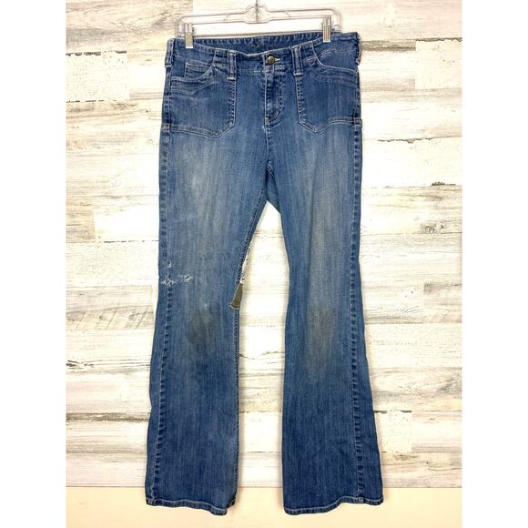 London Jeans Women’s 12 Blue Patchwork Flare low rise Distressed Denim Jeans - Picture 1 of 8